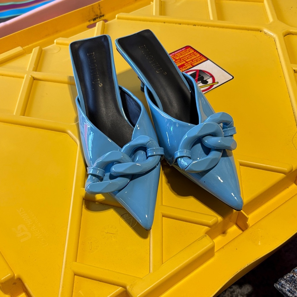 Patent Pointed-Toe Chain Mule in Sky Blue - Women